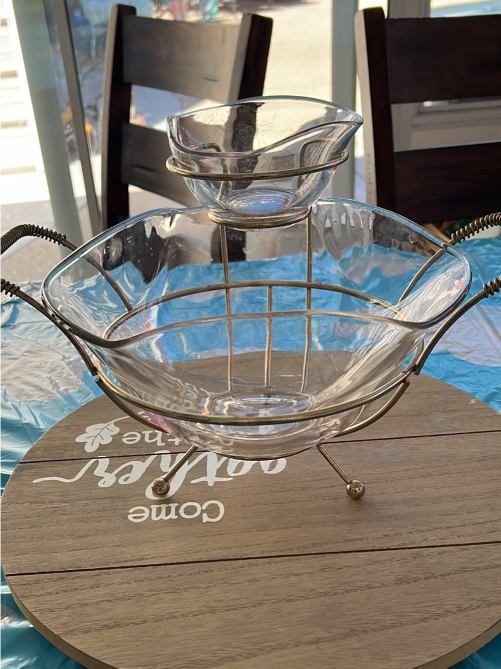 Clear Glass Serving Bowl with Gold-Tone Metal Stand and Dipping Bowl